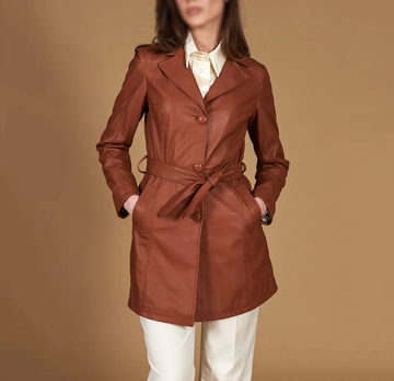 Women's Brown Sheepskin Trench Leather Long Coat