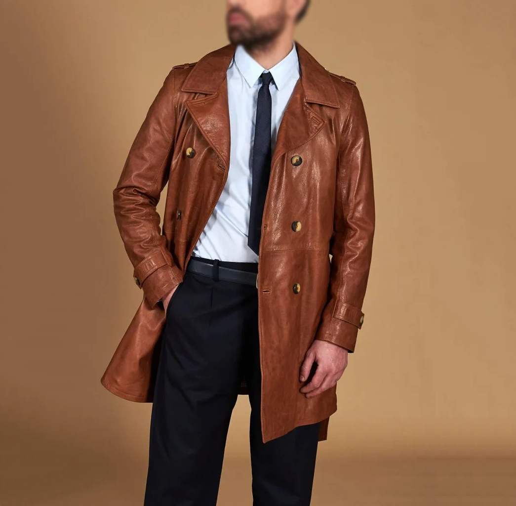 Men's Brown Lambskin Trench Leather Coat