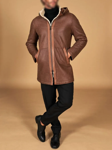 Men's Brown Sheepskin Hooded Leather Coat