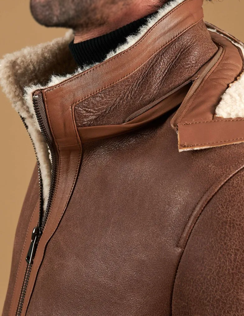Men's Brown Sheepskin Hooded Leather Coat
