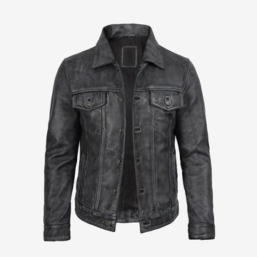 Men's Black Vintage Trucker Leather Jacket