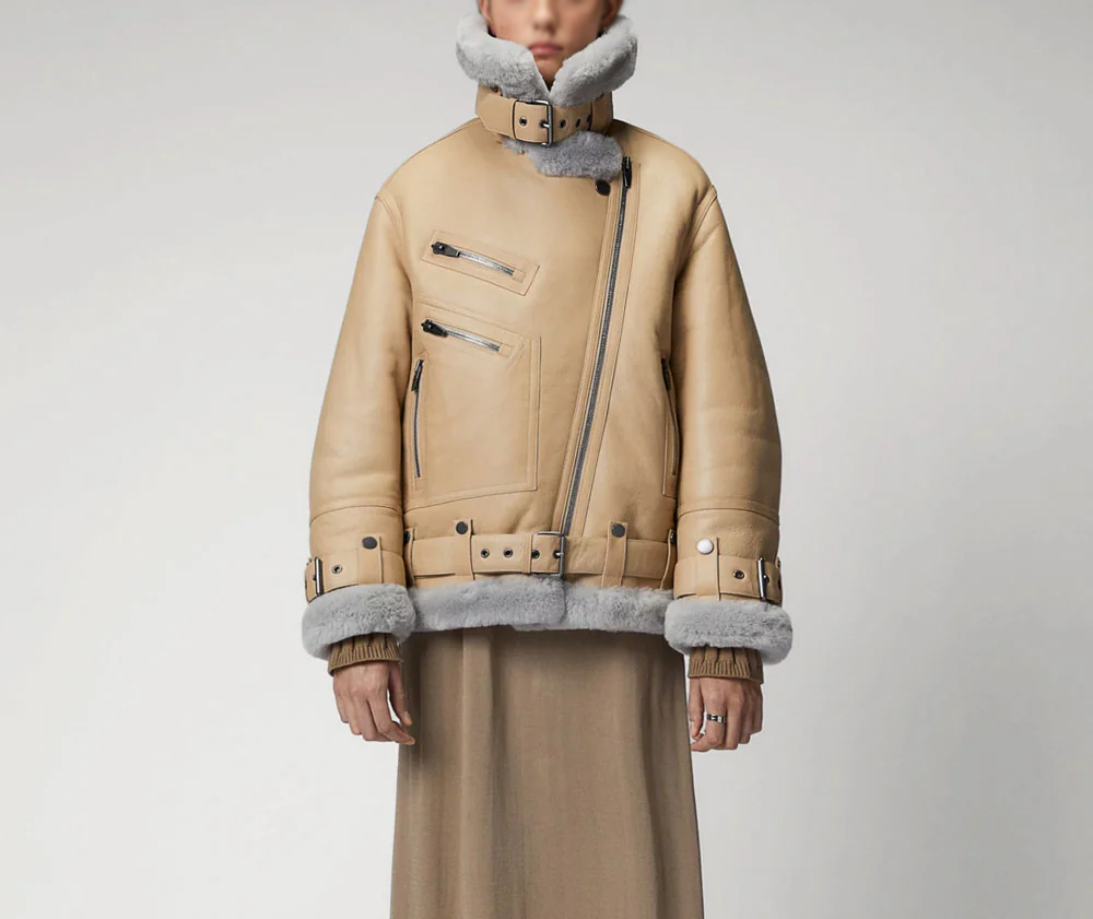 Women's Beige Sheepskin Shearling Aviator Leather Jacket