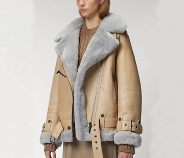 Women's Beige Sheepskin Shearling Aviator Leather Jacket