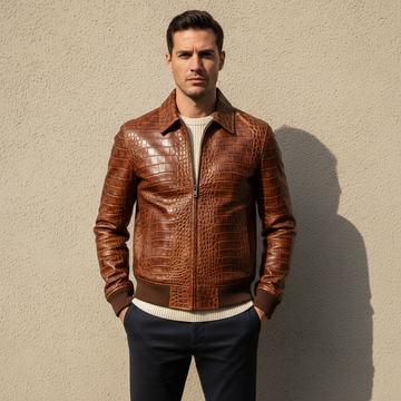 Luxury Brown Crocodile Embossed Leather Jacket