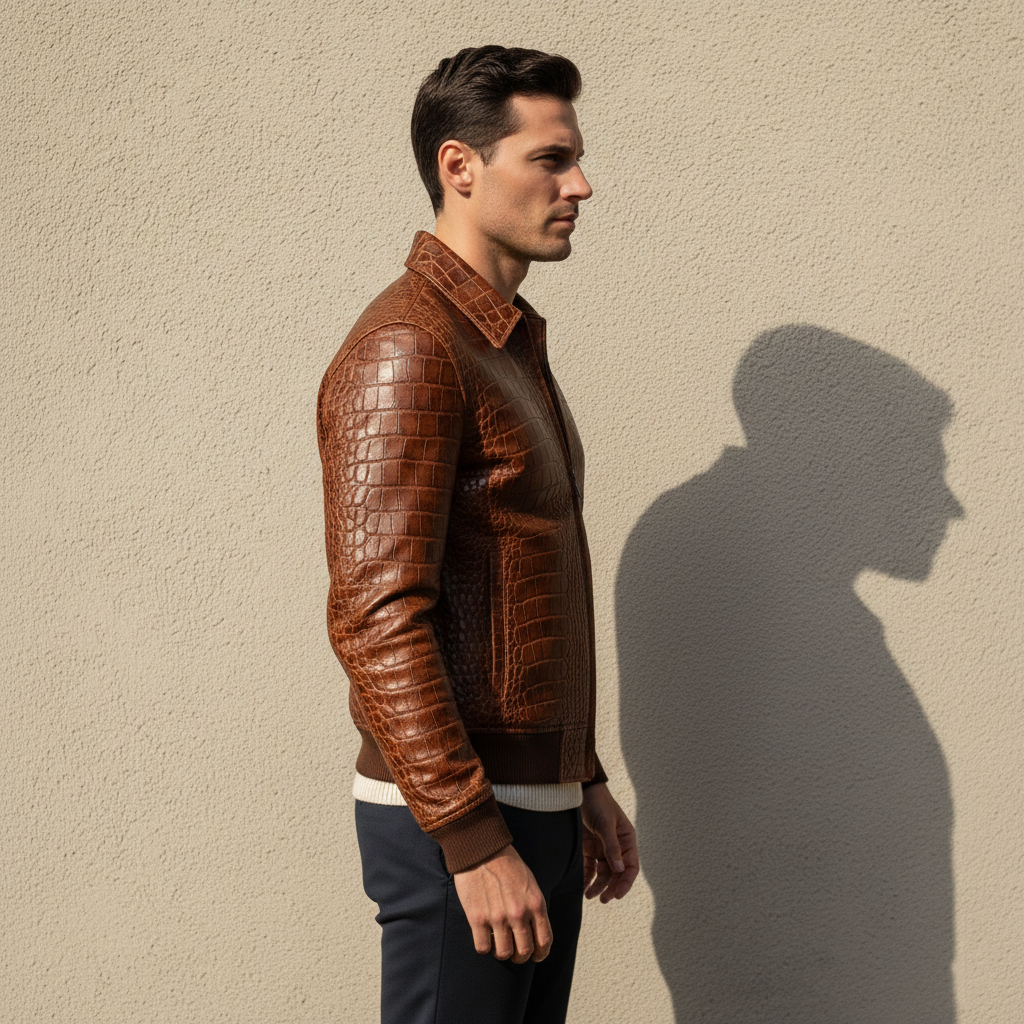 Luxury Brown Crocodile Embossed Leather Jacket
