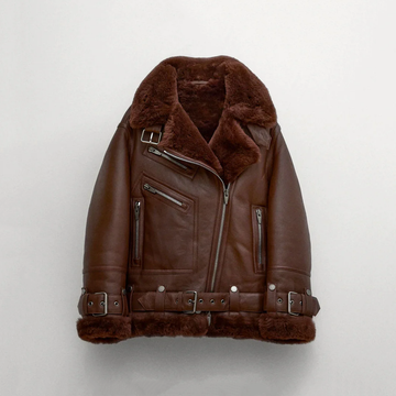 Women's Brown Sheepskin Shearling Aviator Leather Jacket