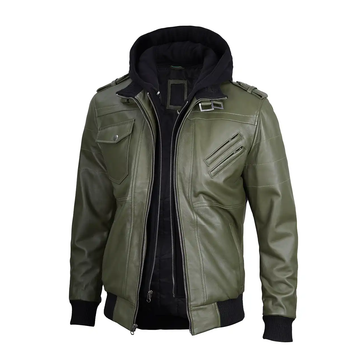 Men's Green Hooded Biker Leather Jacket