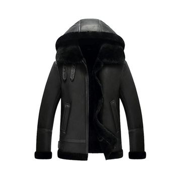 Men's Black Shearling Hooded Leather Jacket