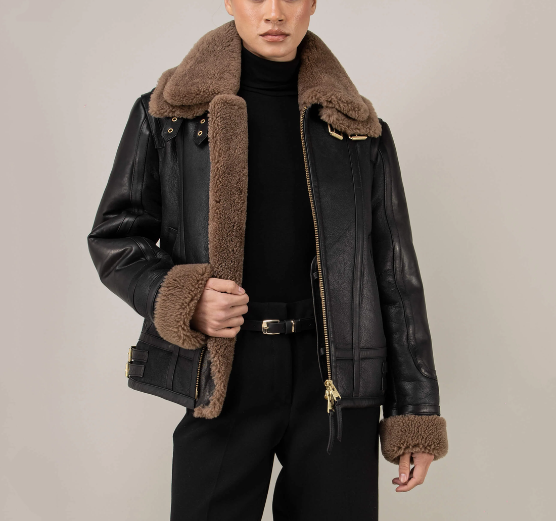 Women's Double Collar Black Leather Shearling Jacket