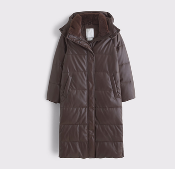 Women's Brown Puffer Long Leather Coat