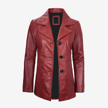 Women's Red Trench Leather Coat