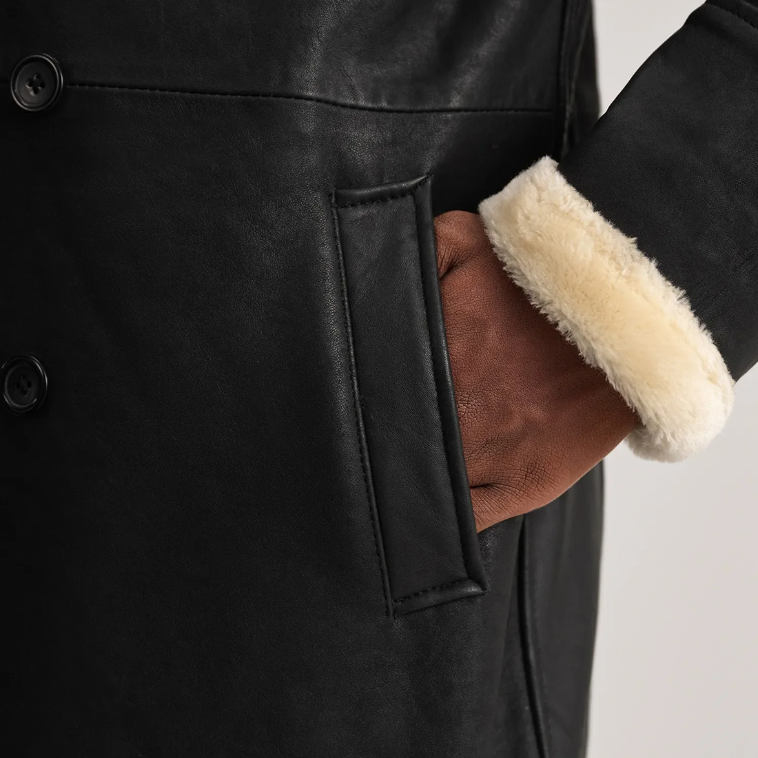 Men's Black Leather Shearling Long Coat