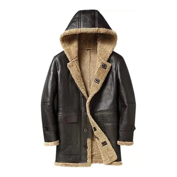Men's Brown Leather Shearling Hooded Coat