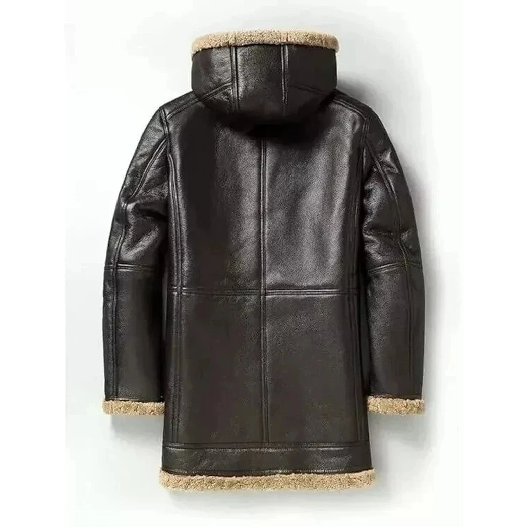 Men's Brown Leather Shearling Hooded Coat