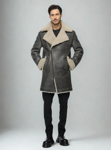 Men's Grey Leather Shearling Long Coat