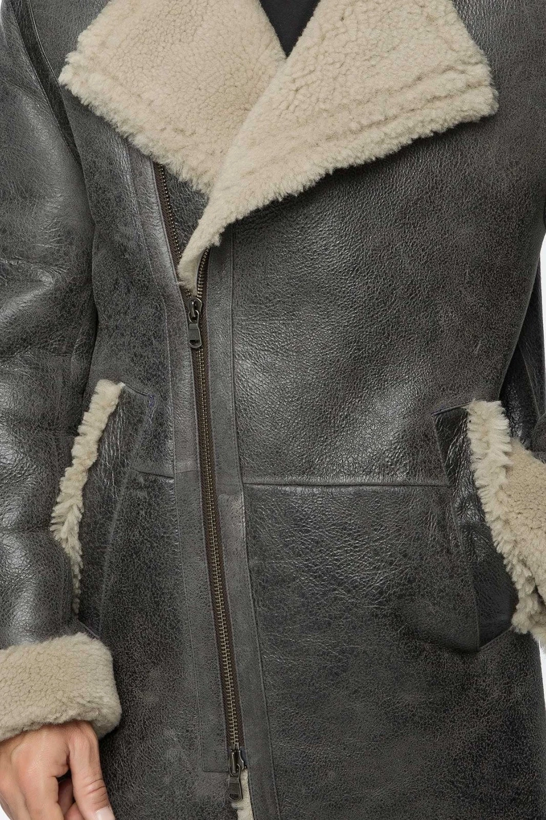 Men's Grey Leather Shearling Long Coat