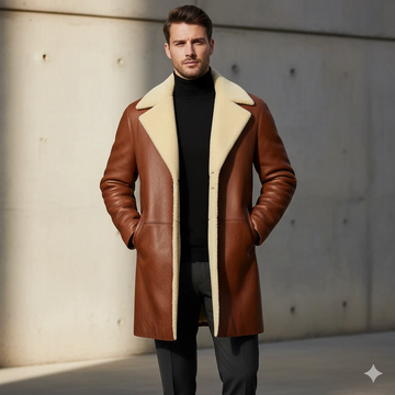 Men's Brown Leather Shearling Trench Coat