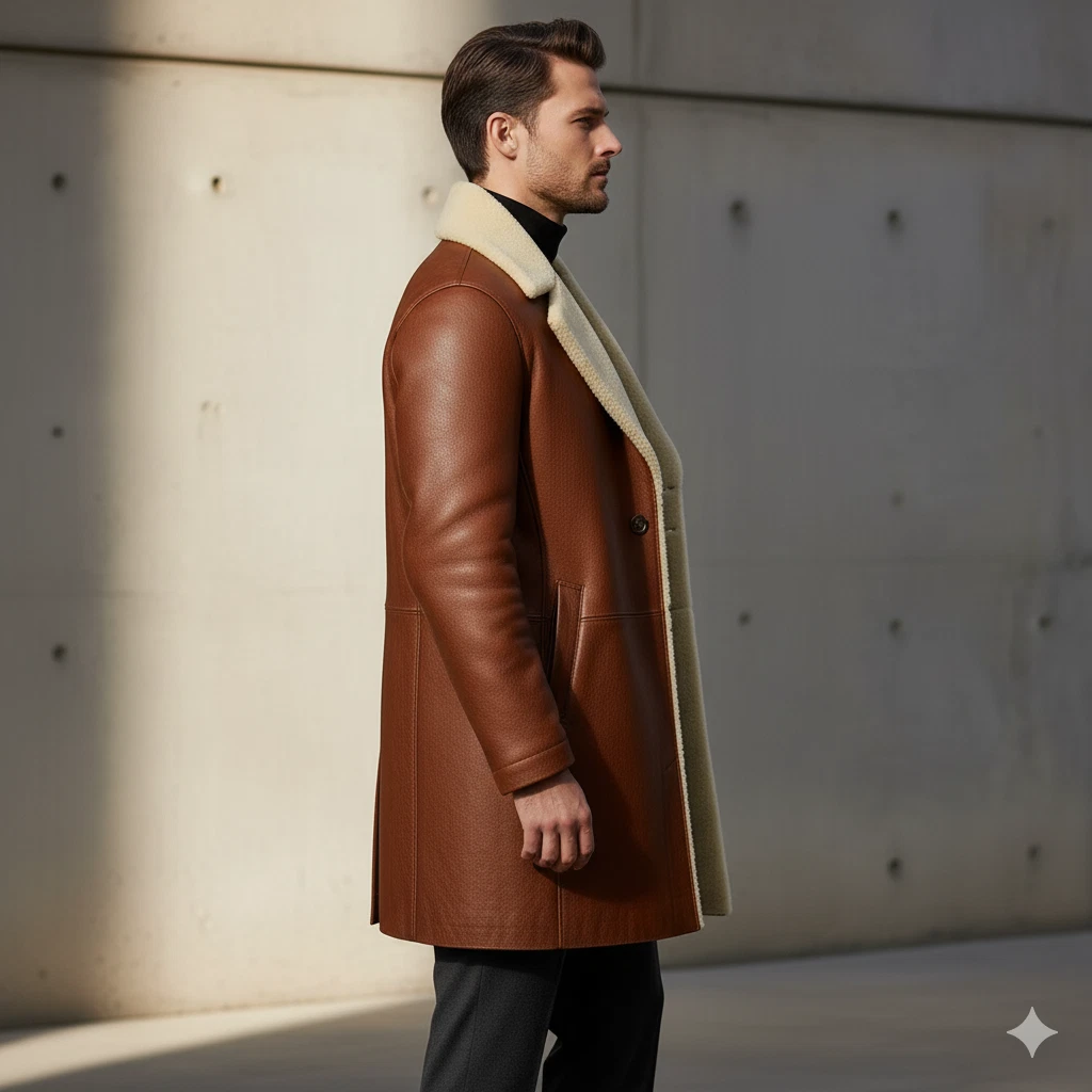 Men's Brown Leather Shearling Trench Coat