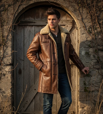 Men's Brown Leather Shearling Long Coat