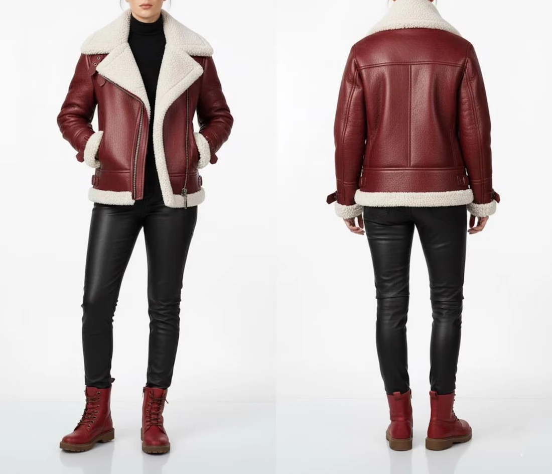 Women's Burgundy Leather Shearling Jacket