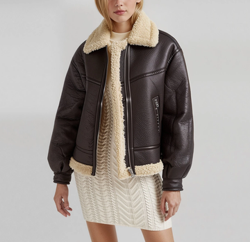 Women's Brown Shearling Leather Bomber Jacket
