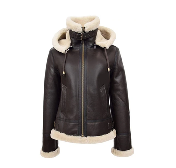 Women's Brown Leather Hooded shearling Jacket