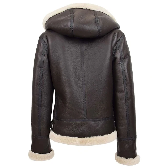 Women's Brown Leather Hooded shearling Jacket