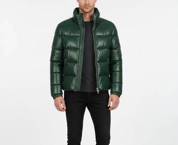 Men's Green Puffer Leather Jacket