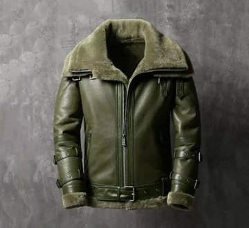 Men's Double Collar Green Leather Shearling Jacket