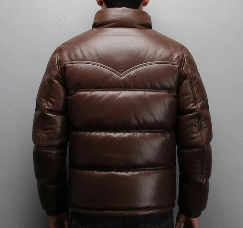 Men's Brown Puffer Leather Jacket