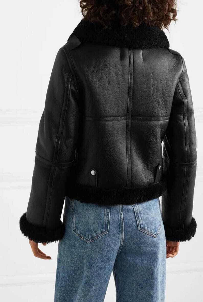 Women's Black Aviator Shearling Leather Jacket