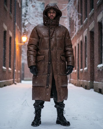 Men’s Brown Lambskin Fur Hood Puffer Jacket