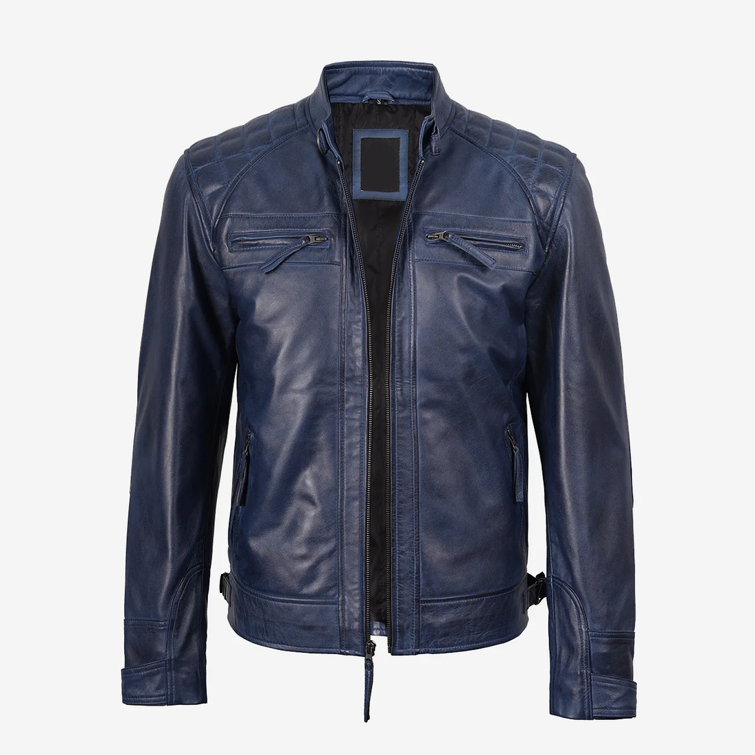 Men Dark Blue Biker Leather Jacket