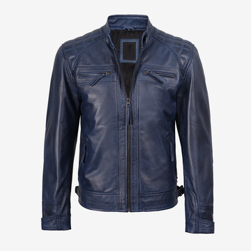 Men Dark Blue Biker Leather Jacket