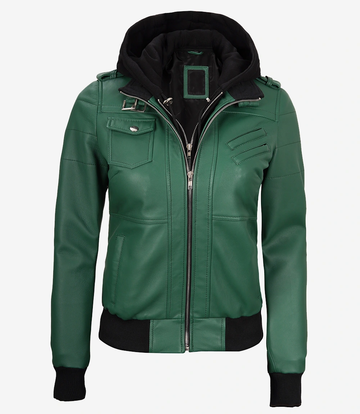 Women's Green Hooded Leather Jacket