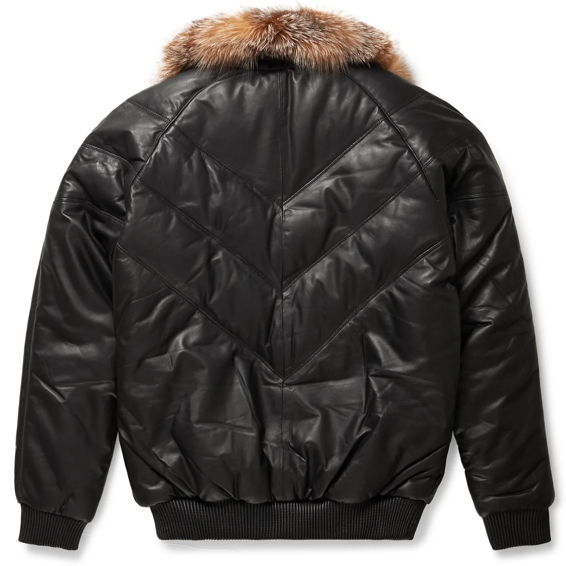 Men's Black Genuine shearling Collar V Bomber Puffer Leather Jacket