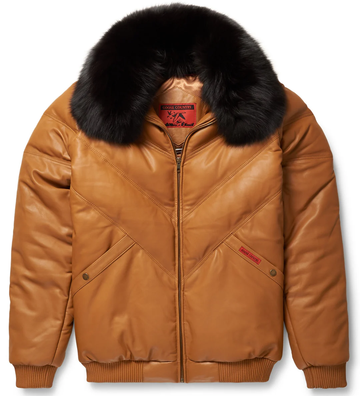 Men's Brown V Bomber Leather Genuine Shearling Collar Jacket