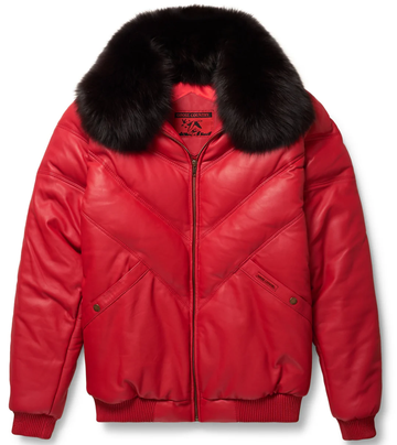 Men's V Bomber Red Leather Shearling Collar Jacket