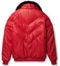 Men's V Bomber Red Leather Shearling Collar Jacket