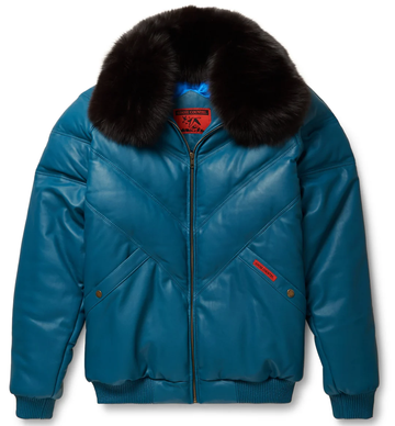 Men's V Bomber Shearling Collar Teal Leather Jacket