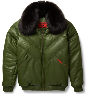 Men's V Bomber Green Leather Jacket with Shearling Collar