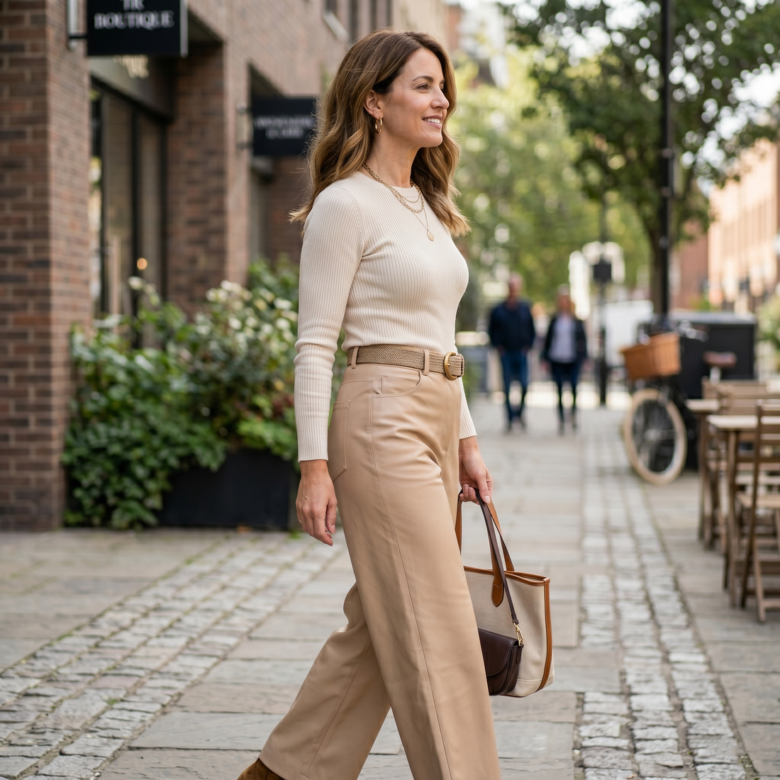 Women's Premium Beige Leather Biker Pants