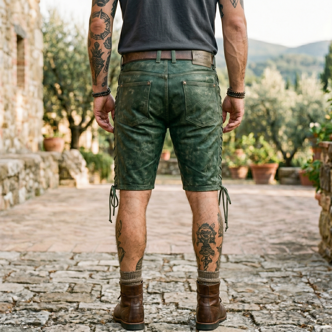 Men's Green Lambskin Leather Biker Shorts