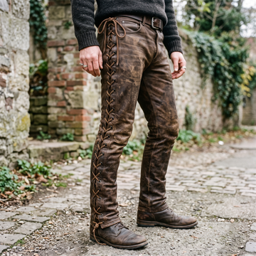 Men's Distressed Leather Lace-Up Trousers