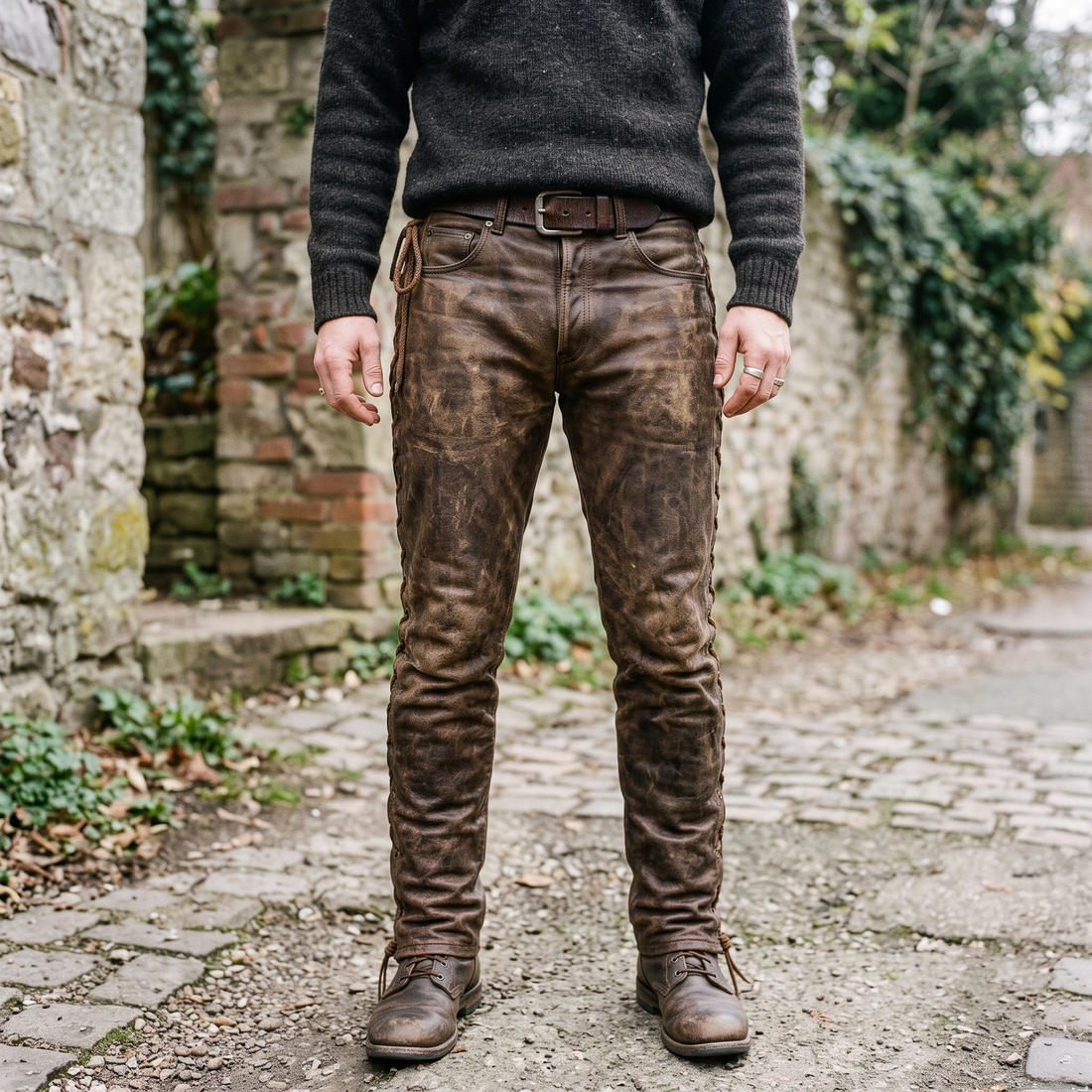 Men's Distressed Leather Lace-Up Trousers