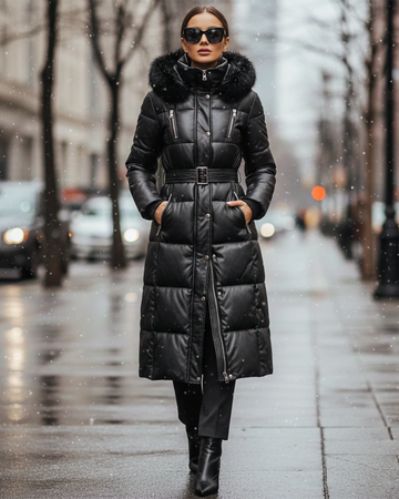 Women’s Black Leather Fur Hood Puffer Jacket