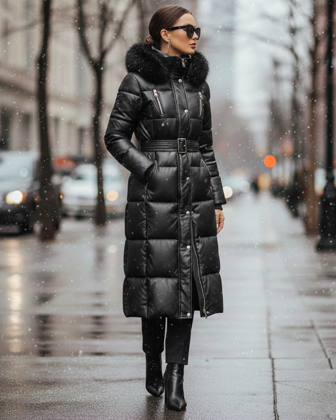 Women’s Black Leather Fur Hood Puffer Jacket