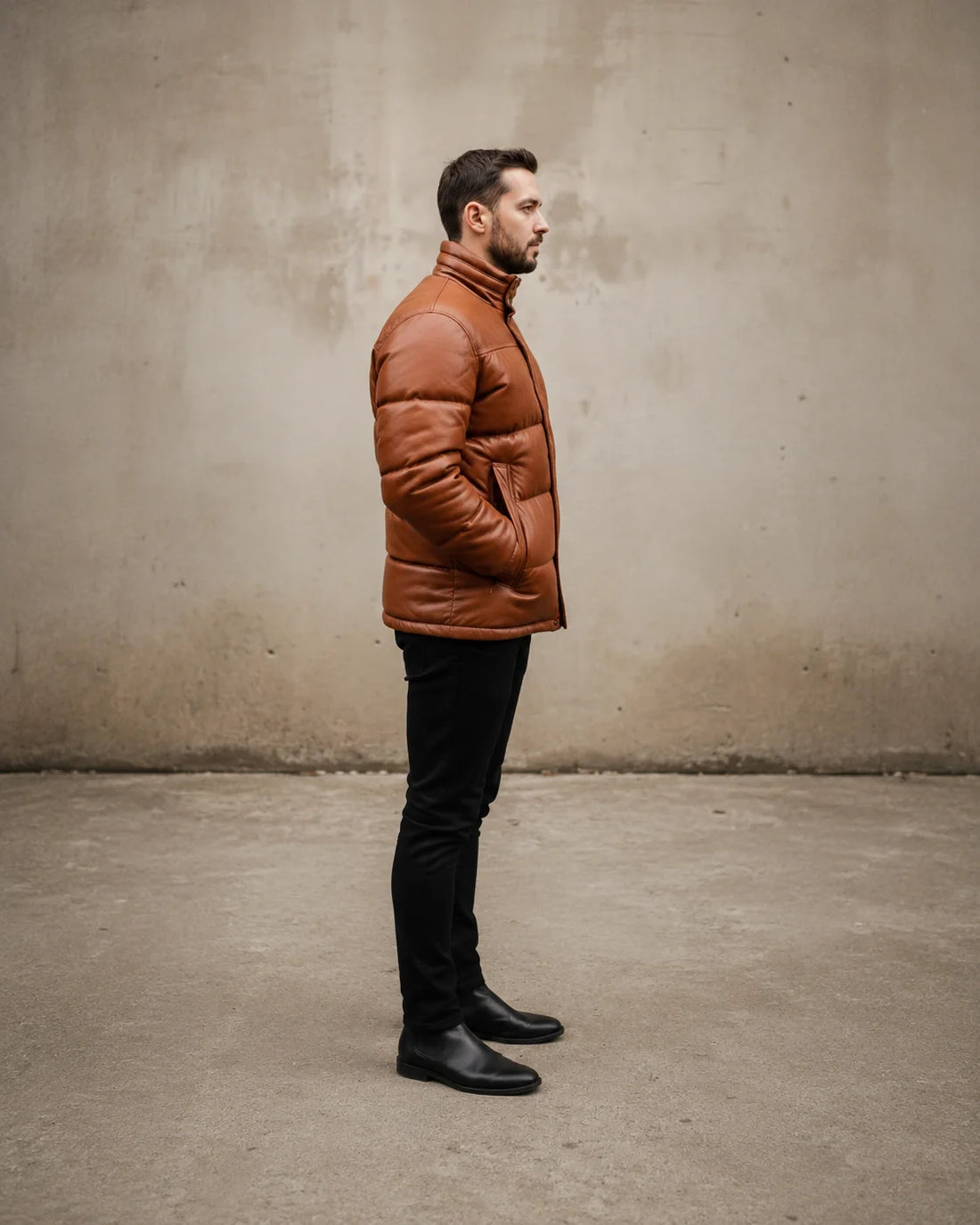 Men’s Brown Leather Puffer Jacket