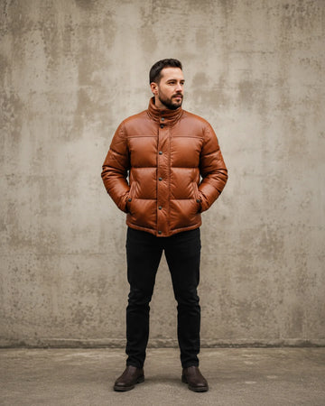 Men’s Brown Leather Puffer Jacket